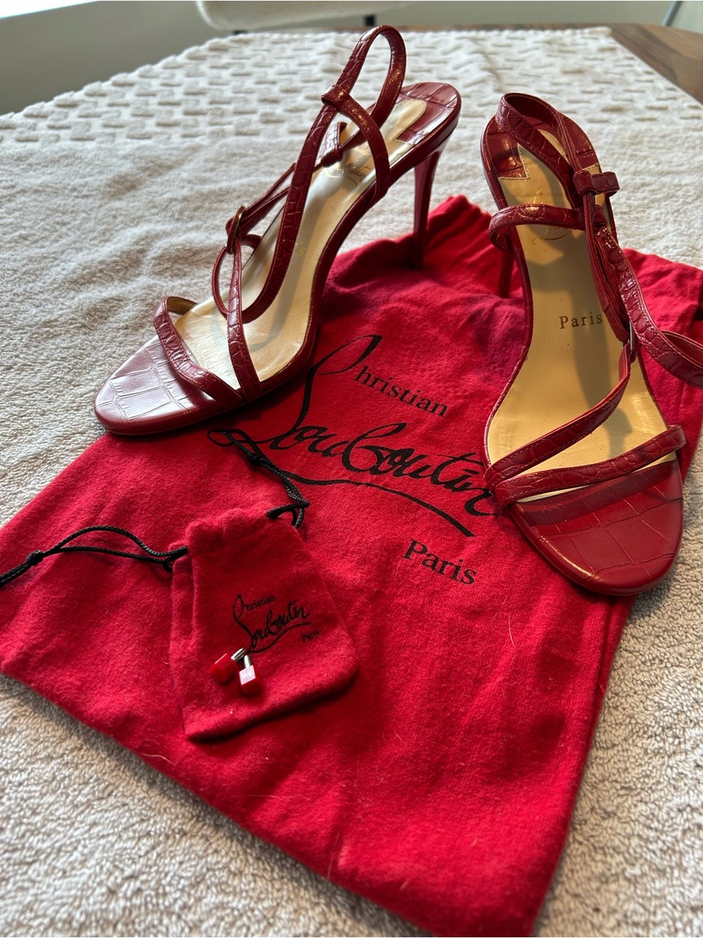 Christian Louboutin Red Patent Croc-Embossed Strappy Stiletto Sandals